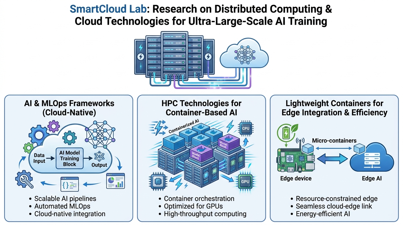 SmartCloud Lab. research overview diagram: supercomputer-scale clusters for large-scale AI training, covering cloud-native AI/MLOps, container-based HPC elemental technologies, and lightweight containers with cloud-edge resource integration